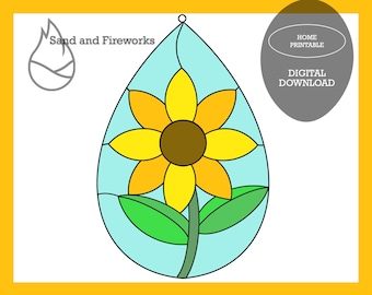 Sunflower Stained Glass Pattern, Teardrop Floral Design (PDF Pattern)