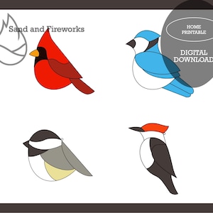 Stained Glass Pattern Bundle, four bird ornament digital patterns, winter birds, cardinal, bluejay, woodpecker, chickadee, animal art