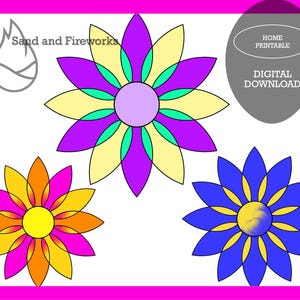May include: Three printable flower designs. The first flower is yellow, purple, and green. The second flower is orange and pink. The third flower is blue and yellow. The text "HOME PRINTABLE DIGITAL DOWNLOAD" is in the top right corner of the image.