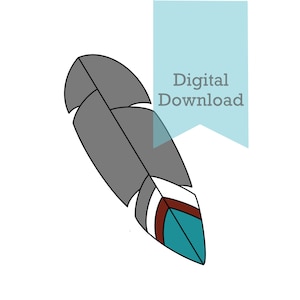 Pode incluir: Um download digital de uma pena cinza com um design turquesa, branco e marrom. A pena é contornada em preto. O texto "Download digital" está em uma faixa azul clara.