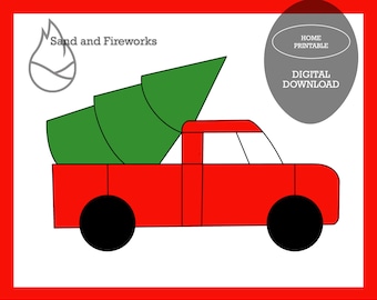 Stained Glass Pattern: Red Truck with Christmas Tree (PDF Download)