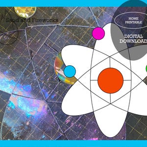 Op de afbeelding: Een printbare kleurplaat met een wit atoom met een rode, roze, blauwe en groene cirkel in het midden. De tekst "HOME PRINTABLE" en "DIGITAL DOWNLOAD" staat in de rechterbovenhoek van de afbeelding.
