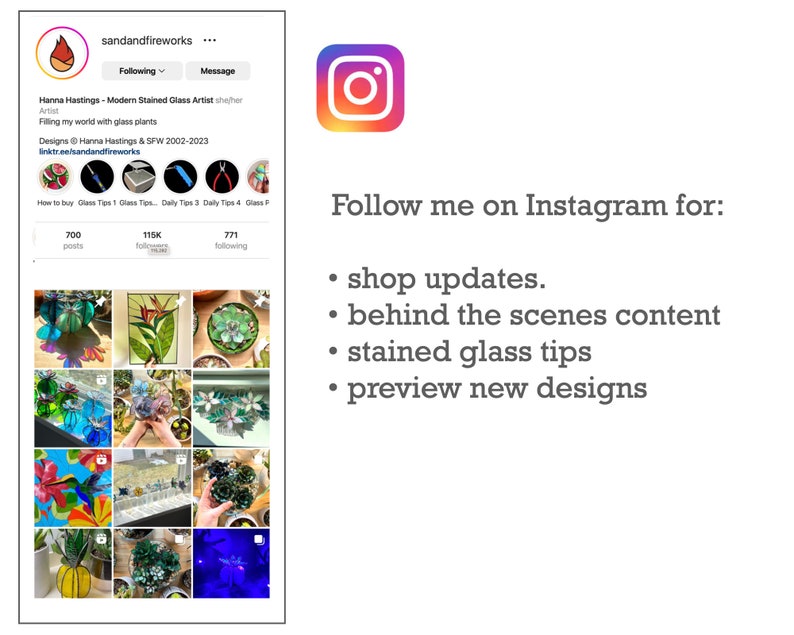 K&ouml;nnte beinhalten: Instagram-Profil von sandandfireworks, einer Glask&uuml;nstlerin. Das Profil zeigt ein Raster mit 12 Bildern, die farbenfrohe Glaspflanzen-Designs pr&auml;sentieren. Der Text auf dem Profil lautet "Hanna Hastings - Moderne Glask&uuml;nstlerin" und "Ich f&uuml;lle meine Welt mit Glaspflanzen".
