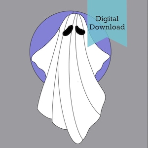Op de afbeelding: Een witte geest met zwarte ogen en een mond, omlijnd met zwart, tegen een paarse cirkel. De tekst "Digitaal downloaden" staat op een blauwe banner.