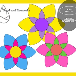 Puede incluir: Tres recortes de flores de papel de colores. Las flores son amarillas con centros morados, azules con centros rosas y rosas con centros rojos.