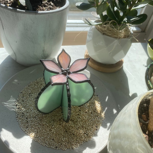 Stained Glass Cactus, Green and Pink Stained Glass Plant, Ferocactus, Cereus Sculpture, Plant Lovers Gift, Southwestern Art, Plant Powered