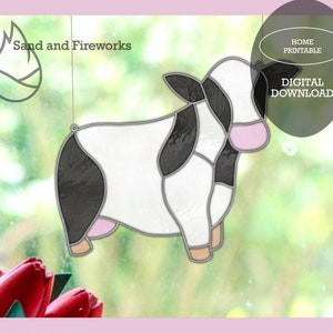 Stained glass cow suncatcher pattern for country & farmhouse decor. DIY craft supplies for window decoration Handmade bovine art pdf pattern
