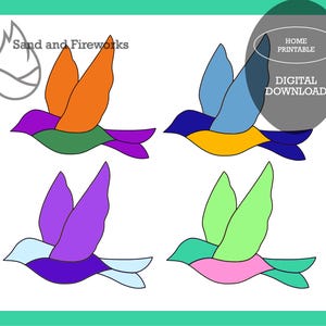 May include: Four colorful bird illustrations in flight. Each bird features a unique color scheme, including orange, blue, purple, and green. The image includes the text "Sand and Fireworks" and "Home Printable Digital Download".