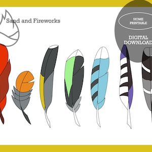 May include: A set of eight colourful feathers, including red, orange, grey, yellow, green, blue, purple, and black. The feathers are arranged in a row, with the tips pointing to the right. The image is labelled "Sand and Fireworks" and "Home Printable Digital Download".