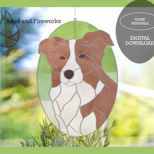 May include: Stained glass window art featuring a dog's face in brown, white, and green. The oval design includes the text "Sand and Fireworks" and "Home Printable Digital Download."
