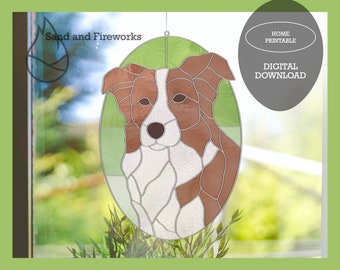 Stained glass brown border collie suncatcher pattern digital download pet portrait farm dog DIY craft supplies window decoration pdf pattern
