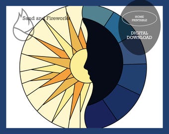 Stained Glass Sun and Moon Pattern, Celestial Round Panel (Digital PDF Pattern)