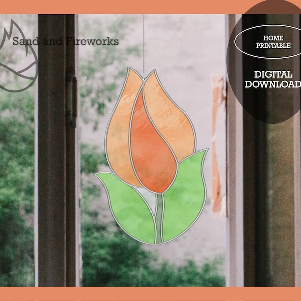 シンプルなチューリップのステンドグラスのパターン、初心者向けサンキャッチャーデザイン（PDFパターン）