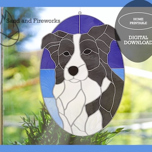May include: Stained glass window art featuring a Border Collie dog. The design includes black, white, and blue glass pieces, with the text "HOME PRINTABLE" and "DIGITAL DOWNLOAD". The artwork is in an oval shape and is hanging in front of a window.