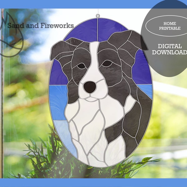 Stained glass border collie suncatcher pattern digital download pet portrait farm dog DIY craft supplies for window decoration pdf pattern
