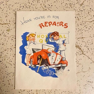 Deine Wahl einer Vintage Grußkarte Get Well Soon New Baby Ephemera Kitsch MCM Mechaniker Auto Werbung MedizinSchrank Neugeborene