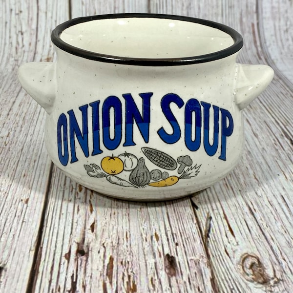 Vintage Small Onion Soup Crock Bowl Two Handled