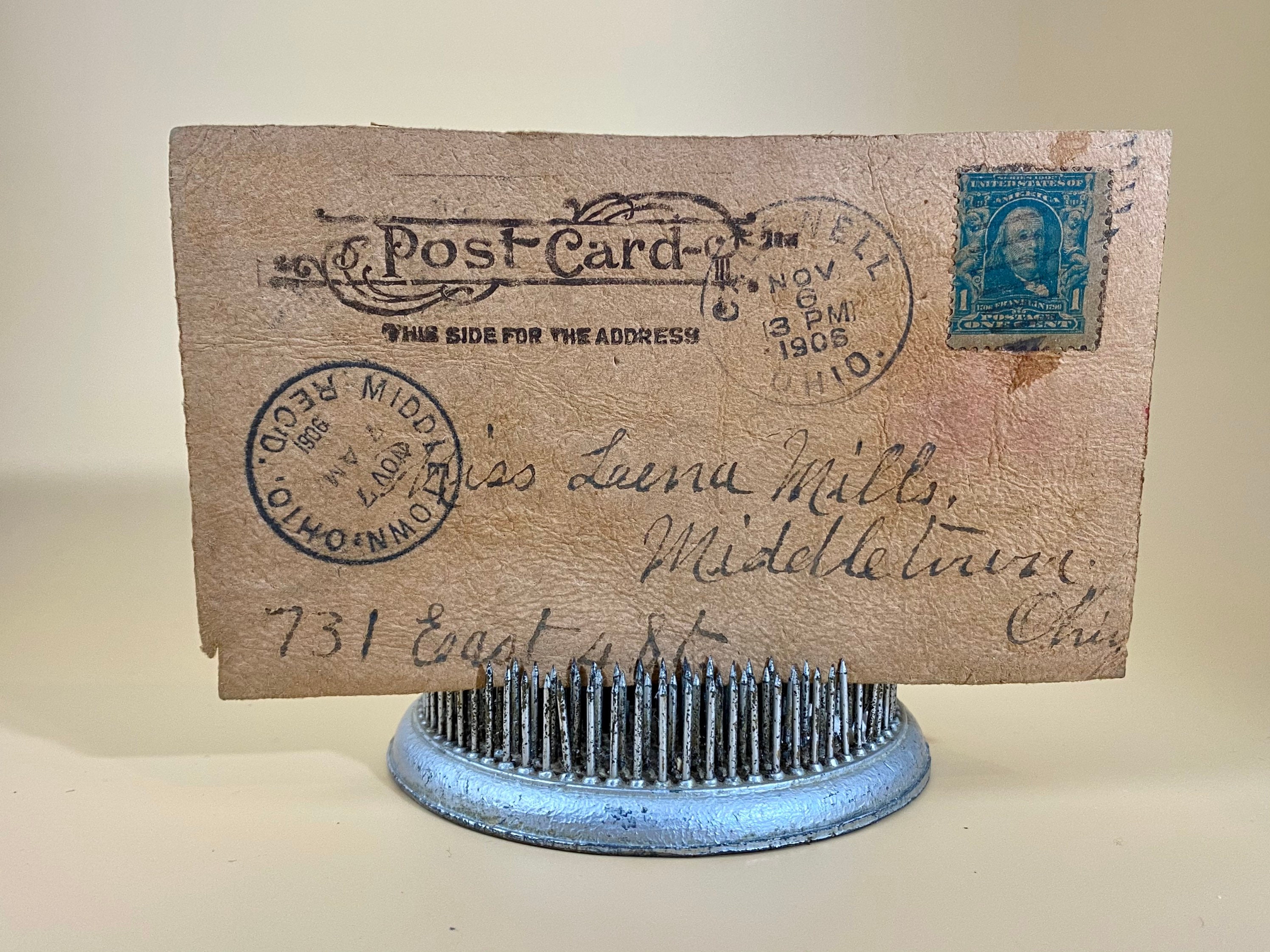 1906 Leather Postcard With Rare 1 Cent Benjamin Franklin Stamp