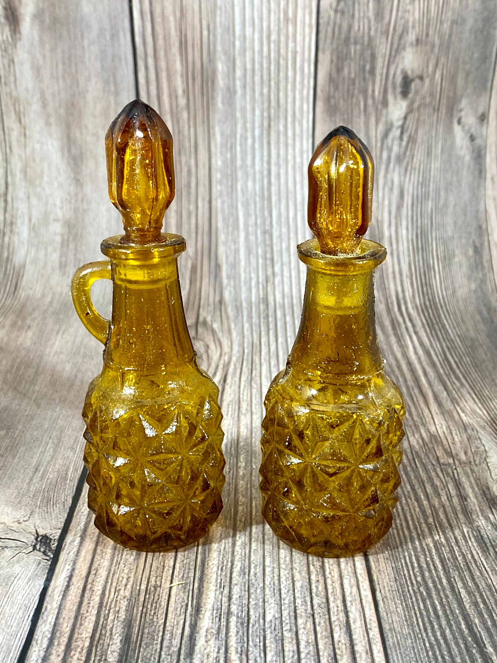 Vintage Amber Cut Glass Small Bowl and Oil and Vinegar Cruets Etsy