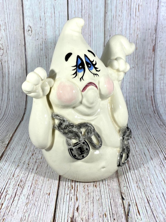 Rare Large Vintage Statue Sad Chubby Ghost With Blue Eyes and