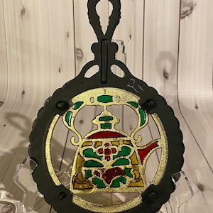 Vintage Stained Glass and Cast Iron Tea Kettle Trivet