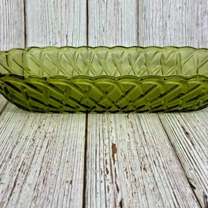 Vintage MCM Indiana Glass Relish Tray Avocado Green Long Dish Basket Weave Pattern