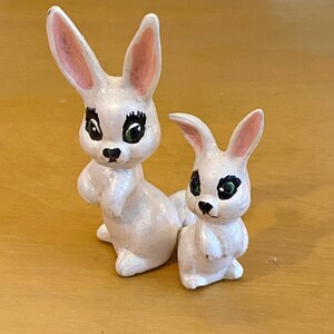 Pair of Small Vintage Bunny Figurines Kitsch Eyelashes Easter