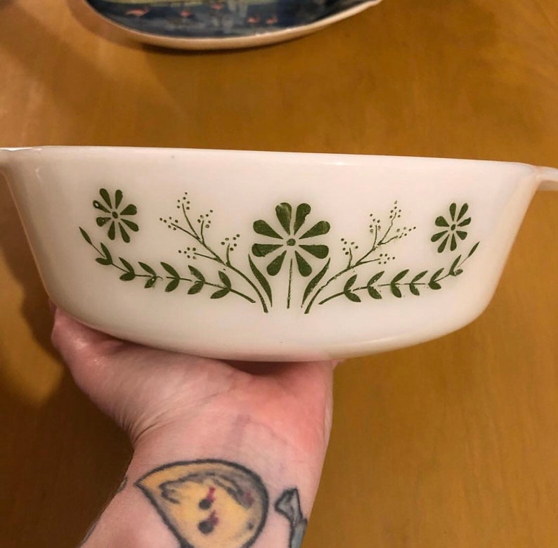 Vintage Glasbake green daisy casserole dish