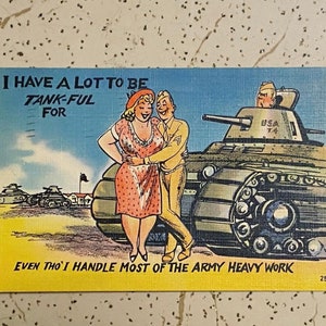 Vintage 1940s Military Humor Postcard Cartoon Tank Army Couple