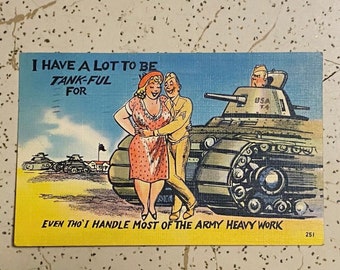 Vintage 1940s Military Humor Postcard Cartoon Tank Army Couple