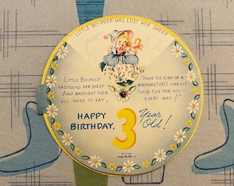 Vintage Circular Mechanical Third 3rd Birthday Card That Tells The Little Bo Peep Rhyme Kitsch Ephemera