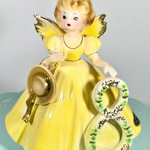 Vintage Josef Originals 8th Birthday Angel Figurine Blonde Yellow Dress Bonnet Kitsch MCM Mid Century