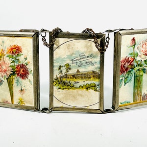 Antique Trifold Travel Mirror Shaving Vanity Transportation Flowers Pocket Purse