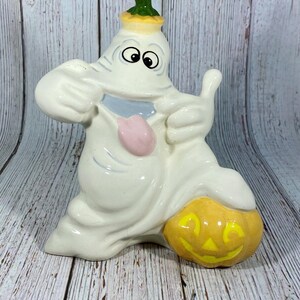 Large HTF Vintage Ghost Making a Silly Face Statue Jack o Lantern JOL Sticking Tongue Out Funny Figure Anthropomorphic Halloween