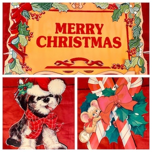 Vintage Navidad troqueló decoraciones perro ratón caramelo cañas Feliz Navidad