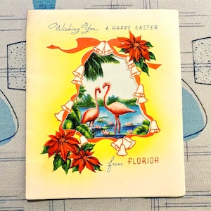 Deine Wahl einer Vintage 1950er Jahre OsterGrußkarte Ephemera Kitsch Anthropomorphic Daddy Mama Florida Bunny Pony Eggs Flamingo