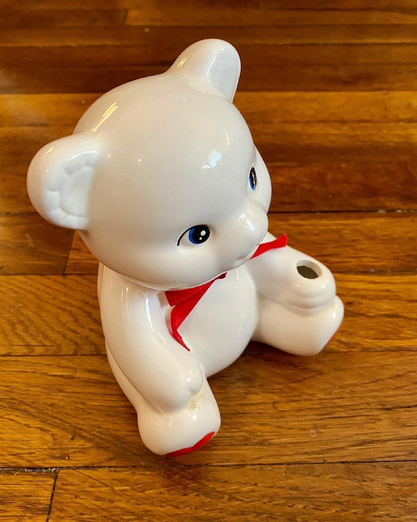 Small Vintage White Bear Bank With Red Bow Etsy