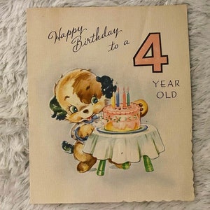 Ihre Wahl eines Vintage Kinder Geburtstagskarte wenig junge vier 4 Papier Ephemera Cowboy anthropomorphe Tiere Kitsch Enten Hund