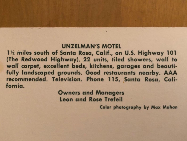 Vintage Unzelman Motel postcard