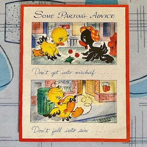 Vintage wenskaart sommige afscheidsadvies veel geluk mis je antropomorfe MCM Kitsch Duck