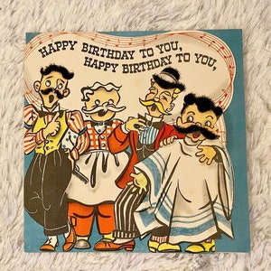Sua escolha de um cartão de aniversário vintage, papel efêmera, artesanato kitsch, barbeiro, quarteto, penas de gatinhos