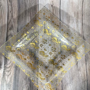 Vintage MCM Georges Briard Forbidden Fruit Square Glass Dish Gold