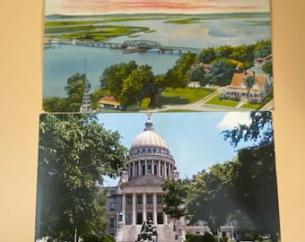 Pair of Vintage Mississippi Souvenir Postcards and a Rare George Washington 1 cent Stamp Junk Journal Ephemera