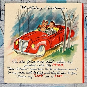 Vintage Birthday Card Couple Car Lover’s Lane Kitsch MCM Ephemera Greeting Card