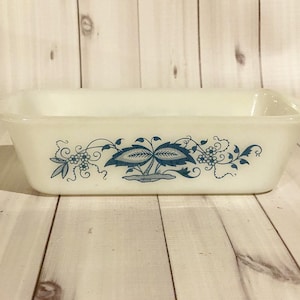 Vintage Glasbake J-522 Milkglass Loaf Pan Blue Leaves Flowers Floral