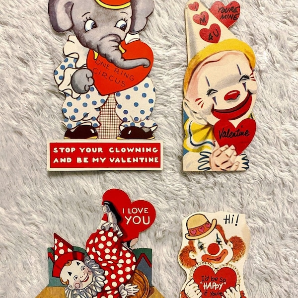 Vintage Anthropomorphic Animal Valentines Circus Clowns Kitsch Cute Cards