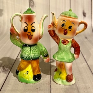 Vintage Elvin Anthropomorphic Tea Kettle and Coffee Pot Salt and Pepper Shakers