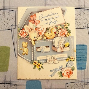 Ihre Wahl einer Vintage Neuen Babykarte Glückwunsch Herzlichen Glückwunsch Willkommen Ephemera Kitsch Anthropomorphe Tiere Neue Eltern