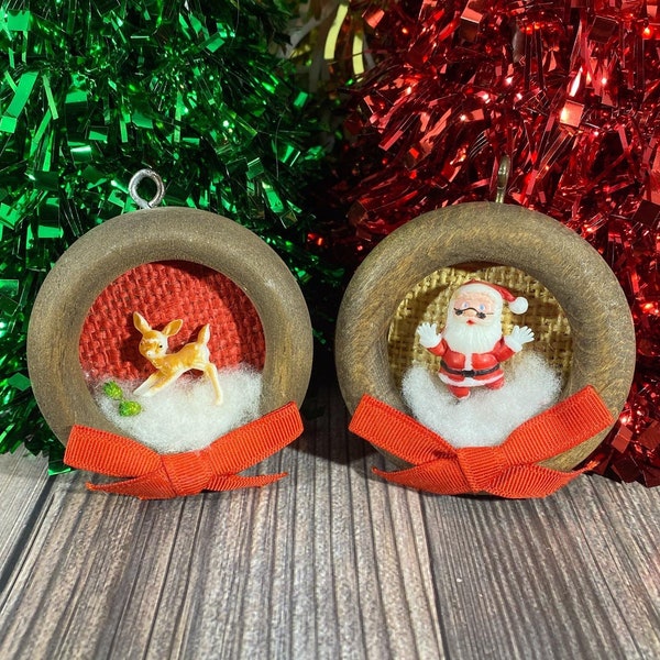 Pair of Handmade Christmas Tree Ornaments Wreath Santa Deer