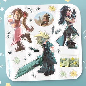 May include: A sticker sheet featuring illustrations of characters from Final Fantasy VII. The sheet includes images of Aerith, Cloud, Tifa, and other characters. The artwork is in a cartoon style with a light blue background and star accents.